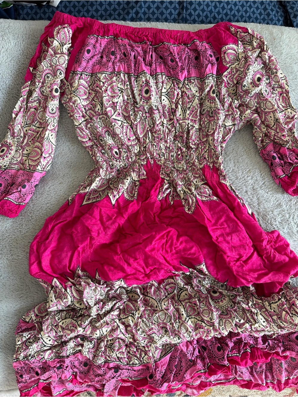 Bright Pink Off-Shoulder Paisley Smocked Dress
